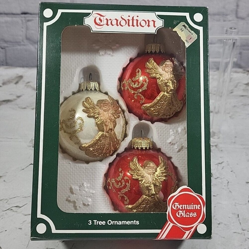 Vintage Kugelgruss Christmas Ornaments Box Of 3 Red Gold Noel‎ Angels Germany